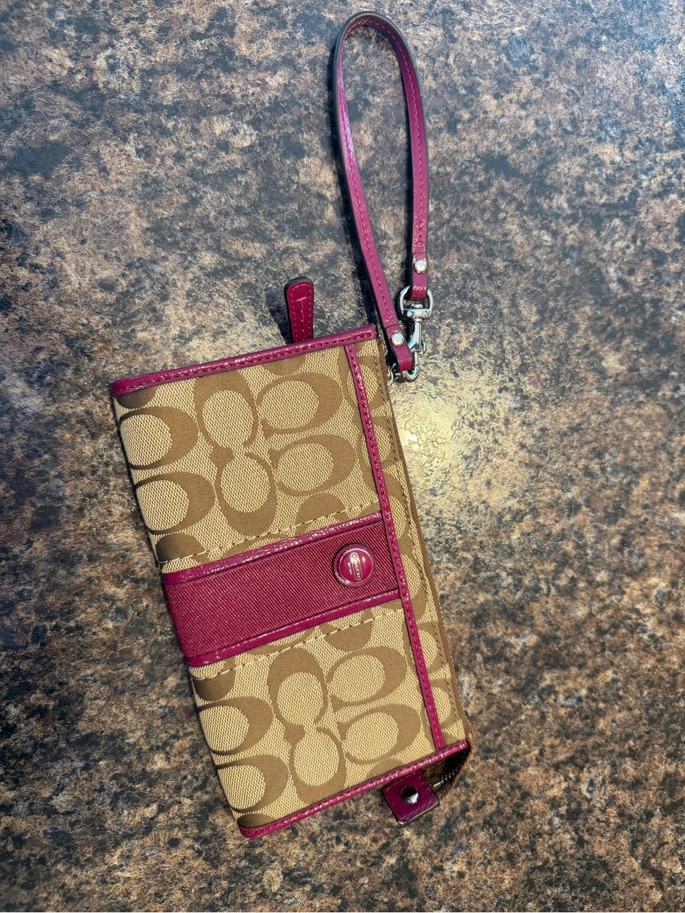 Coach Signature Canvas Wristlet with Pink Trim and Strap